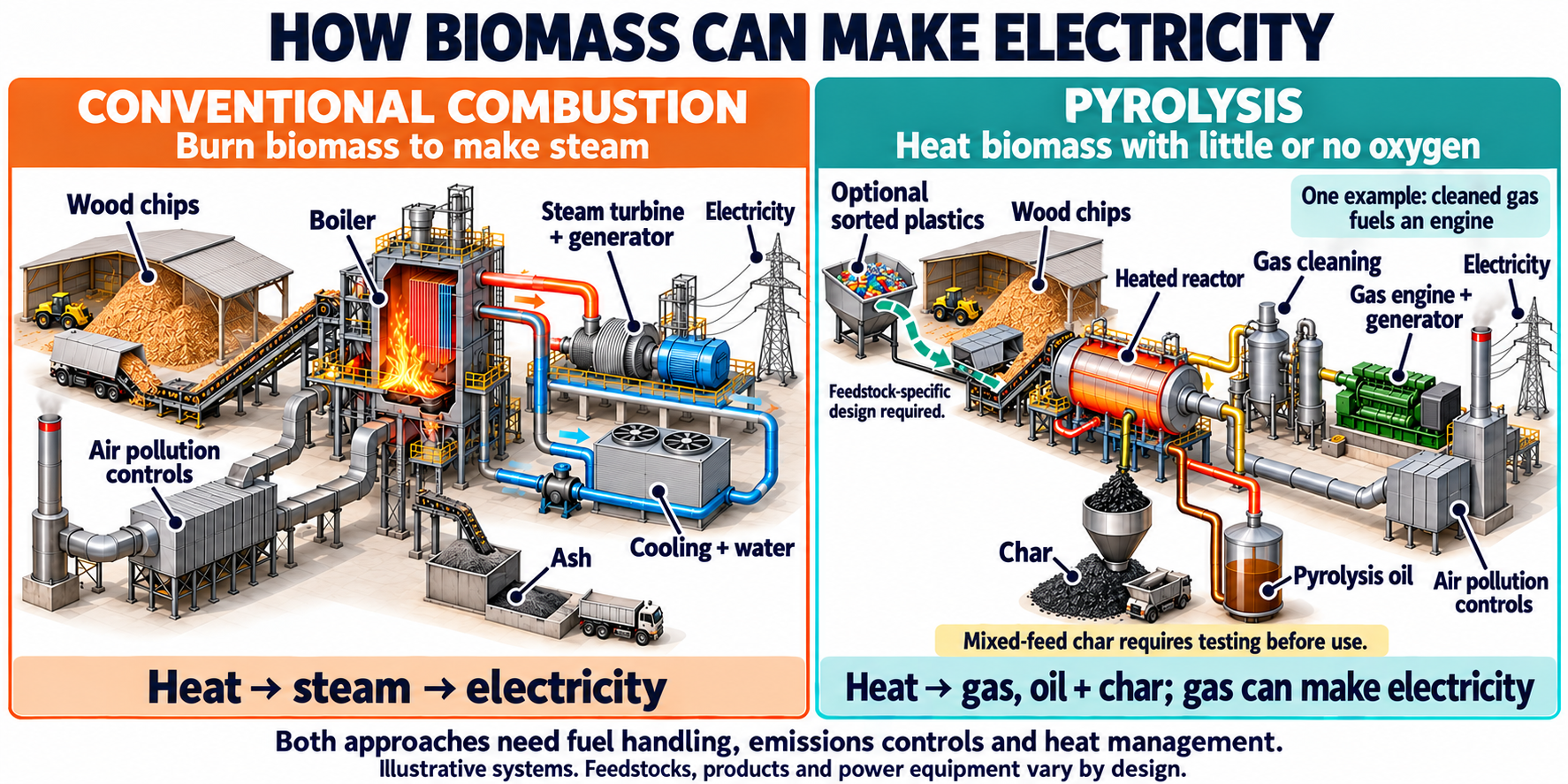 Diagram comparing biomass combustion using a steam turbine with pyrolysis producing gas, oil and char, including optional sorted plastics.”